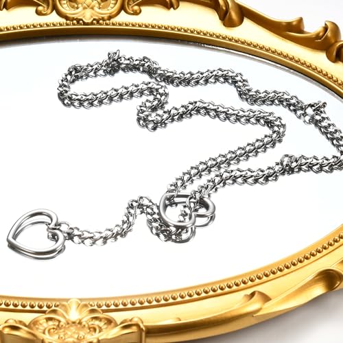 Qitian Stainless Steel Adjustable Lariat Y-Necklace for Men,Punk Gothic Cuban Necklace Jewelry,Heart O-ring Slip Chain Necklace for Women - color: Silver