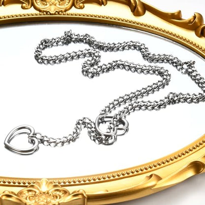 Qitian Stainless Steel Adjustable Lariat Y-Necklace for Men,Punk Gothic Cuban Necklace Jewelry,Heart O-ring Slip Chain Necklace for Women - color: Silver