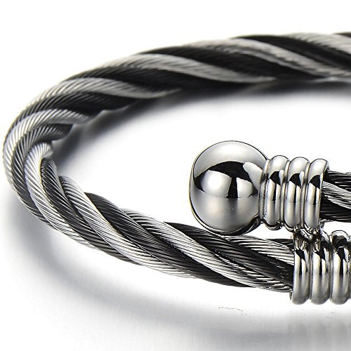 COOLSTEELANDBEYOND Elastic Adjustable Steel Twisted Cable Cuff Bangle Bracelet for Mens for Women - color: D-Metal Color: Silver & Black