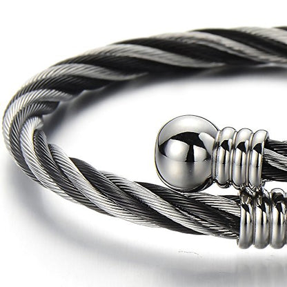 COOLSTEELANDBEYOND Elastic Adjustable Steel Twisted Cable Cuff Bangle Bracelet for Mens for Women - color: D-Metal Color: Silver & Black