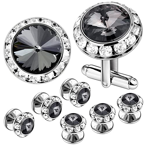 AMITER Crystal Cufflinks and Tuxedo Studs for Men, Cuff Links Suits for Shirt Formal Dress Business Wedding Anniversary - color: Grey