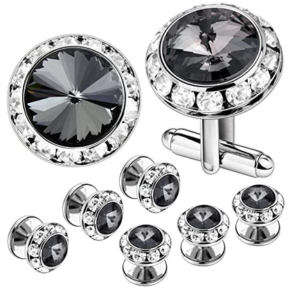 AMITER Crystal Cufflinks and Tuxedo Studs for Men, Cuff Links Suits for Shirt Formal Dress Business Wedding Anniversary - color: Grey