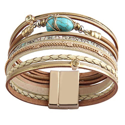 GelConnie Leather Wrap Bracelet Boho Cuff Bracelets Crystal Leather Bracelet Magnetic Multi Strand Bracelets Bohemian Bracelet Leather Wristbands Bangle Jewelry for Women Teen Wife Mother - color: Turquoise Leather Bracelet