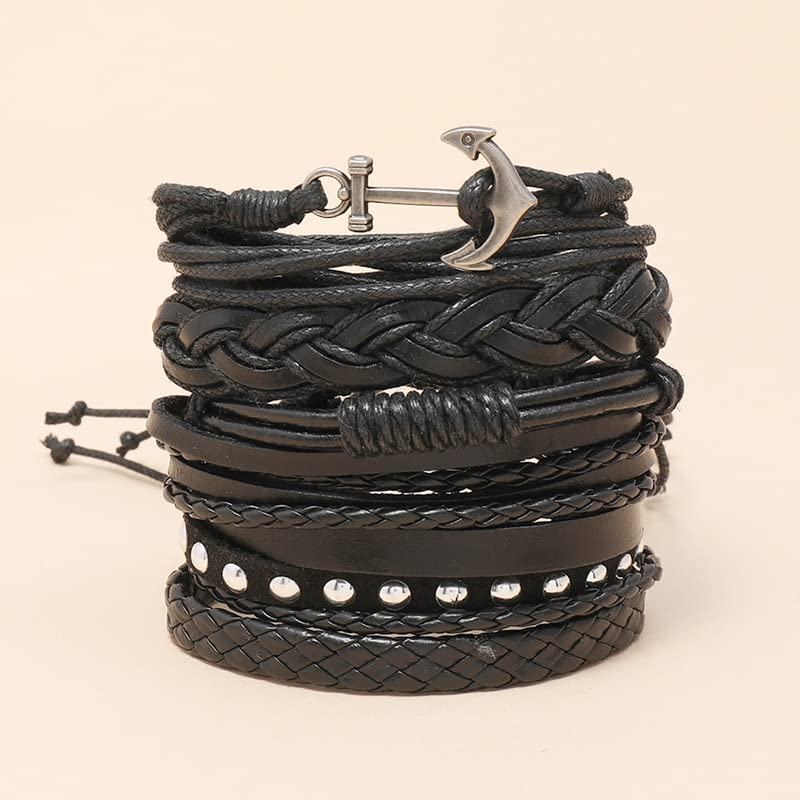 Leather Cuff Bracelet for Men Women, Multilayer Braided Wristband, Adjustable 6.5-9.5 Inches Wrap Bracelets Punk Gothic Grunge - color: Anchor set - 6Pcs