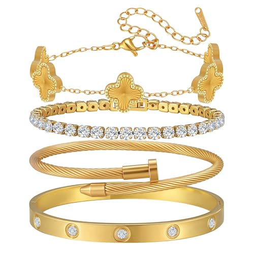 18K Gold Plated Bangle Bracelets Stack for Women,Four Leaf Clover Stackable Bracelets Non Tarnish,4 Pcs Jewelry sets Gifts - color: Gold