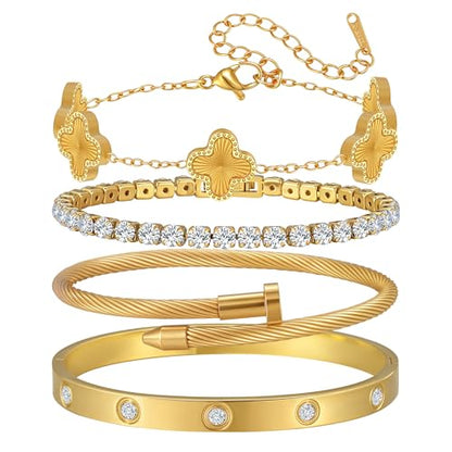 18K Gold Plated Bangle Bracelets Stack for Women,Four Leaf Clover Stackable Bracelets Non Tarnish,4 Pcs Jewelry sets Gifts - color: Gold
