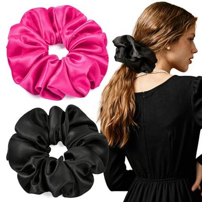 2 PCS Hot Pink Jumbo Satin Silky Scrunchies 6.5 Inches Oversized Scrunchie Extra Large Big Hair Ties Ponytail Holder for Thick Curly Hair Women (Black, Hot Pink) - color: Black, Hot Pink