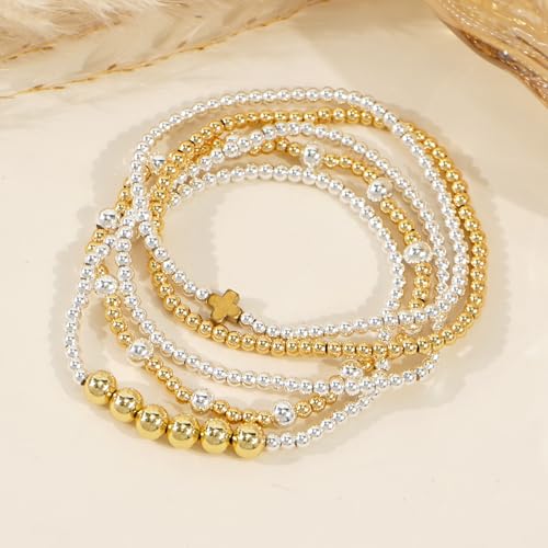 5Pcs Stack Gold Plated Ball Beaded Bracelets Set for Women, Boho Handmade Colorful Glass Pearl Stretch Accessories Jewelry, Summer Beach Daily Wear Holiday Friendship Gift - color: Silver