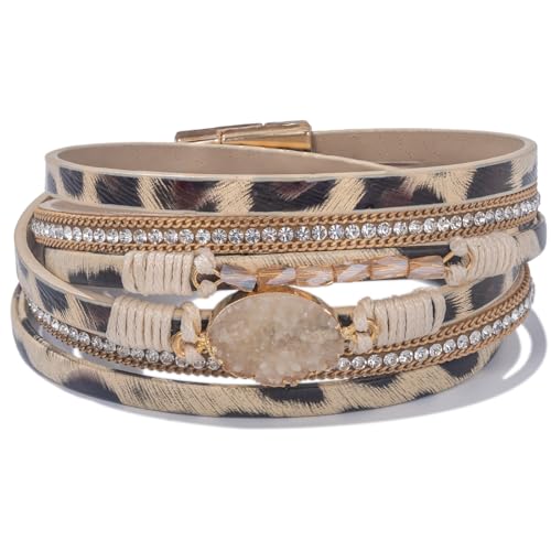 Boho Chunky Leather Wrap Bracelets Stackable Beaded Western Country Jewelry | Crystal Bead Trendy Layered Cuff Magnetic Clasp Stack Bohemian Statement Costume Outfits Cowgirl Fashion Hippie Accessories - color: Leopard, size: 14.7"