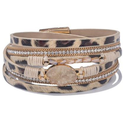 Boho Chunky Leather Wrap Bracelets Stackable Beaded Western Country Jewelry | Crystal Bead Trendy Layered Cuff Magnetic Clasp Stack Bohemian Statement Costume Outfits Cowgirl Fashion Hippie Accessories - color: Leopard, size: 14.7"