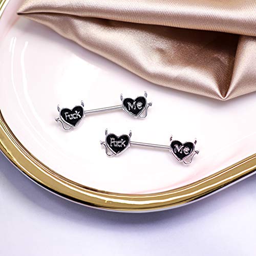 Letter Nipple Ring 14G 316L Surgical Steel Nipple Barbell Heart Shape Devil Body Piercing Jewelry for Women Men - color: black F