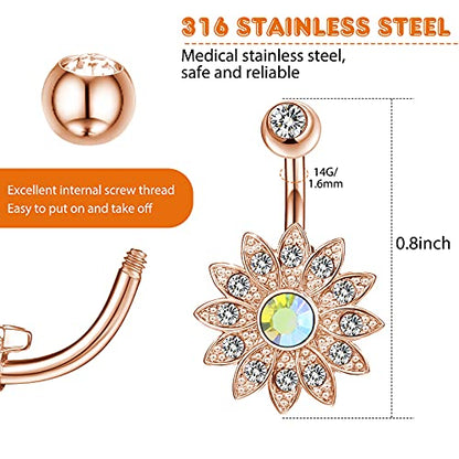 Yaomiao 18 Pcs 14G Stainless Steel Belly Button Ring Rhinestone Heart Dangle Belly Button Rings for Women - color: Rose Gold, Elegant Style