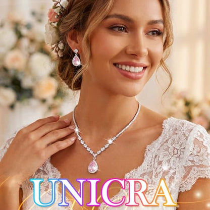 Unicra Bride Crystal Necklace Earrings Set Bridal Wedding Jewelry Sets Rhinestone Choker Necklace Prom Costume Jewelry Set for Women and Brides - color: Pink