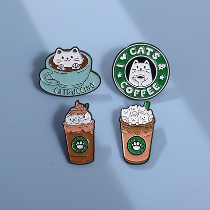 Cartoon Animal Enamel Brooch Set Cute Butterfly Duck Cat Lapel Pins for Backpacks Jacket Decoration Gifts for Friends - style: Bottle Cat Cup