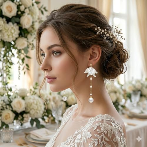 Kruckel Long Dangle Earrings for Women, White Floral Pearl-Inspired | Pearl Drop Earrings, Lightweight Gold-Tone Jewelry for Weddings, Parties, Bridesmaids, Birthdays and Occasion Gifts - color: White Gold E