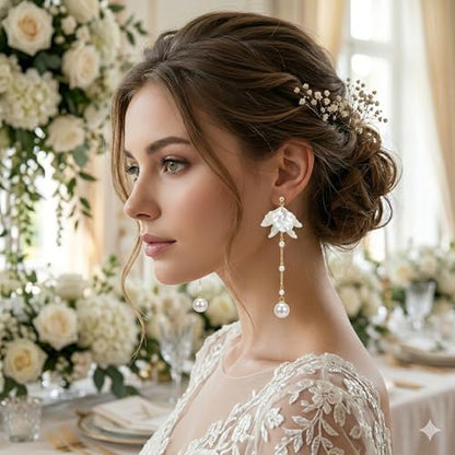 Kruckel Long Dangle Earrings for Women, White Floral Pearl-Inspired | Pearl Drop Earrings, Lightweight Gold-Tone Jewelry for Weddings, Parties, Bridesmaids, Birthdays and Occasion Gifts - color: White Gold E