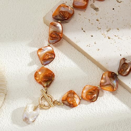 Boho Chunky Shell Necklace for Women Baroque Pearl Pendant Necklaces Irregular Shell Beaded Choker Necklace Trendy Vacation Jewelry Accessories - color: Brown