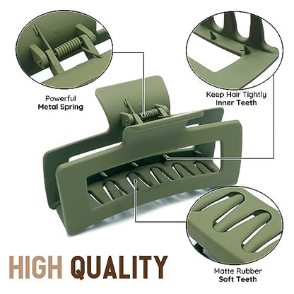 XXL Jumbo Rectangle Claw Clips for Thick Hair - Strong Hold Hair Clips | Rectangle Design | Matte Finish | Non Slip | Wide Opening | 2 Pack (Green & Khaki) - color: Green & Khaki