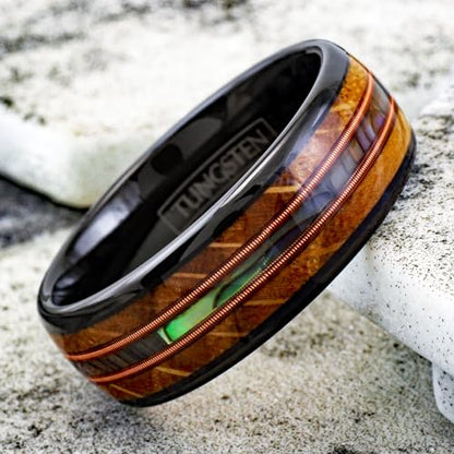 Gorgeous Unique 6mm/8mm Black Tungsten Carbide Band Ring with Dazzling Abalone Between Two Genuine Guitar Strings And Whiskey Barrel Oak Wood.