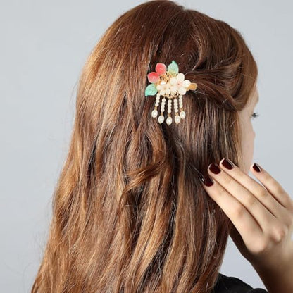 A Pair Wedding Hair Clips, Handmade Floral Design Crystal Hair Clips Pearl Barrettes, Rhinestones Flower Clips Pearl Headpieces Hair Pins Hair Accessories for Women Girls (White Peach) - color: White Peach