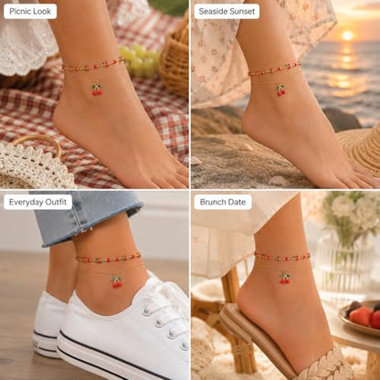 Ankle Bracelets for Women Gold Anklet Set Boho Vacation Gift | Gold anklet set for women 5 styles with matching gift pouch.Boho adjustable non-tarnish jewelry.Perfect present idea. - color: Cherry