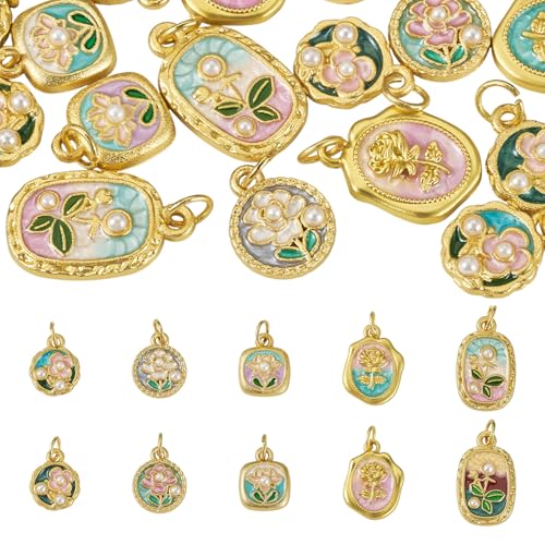 20Pcs Alloy Enamel Flower Golden Charms Flat Round Oval Floral with Acrylic Pearl Bead Charms 3D French Style Oil Painting Pendants for Bracelet Necklace Earring DIY Crafts - color: Golden Plated, 10 Styles