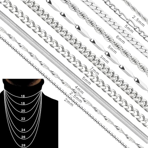 10 Pcs Chains for Men Silver Necklace Stackable Stainless Steel Chains Set Mens Jewelry Set Cross Cuban Link Figaro Chain