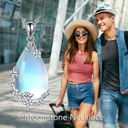 VONALA Sterling Silver Necklace Moss Agate/Turquoise/Larimar/Aquamarine/Opal/Black Onyx/Rose Quartz/Moonstone Pendant Teardrop Necklace Jewelry Gift for Women - style: Moonstone