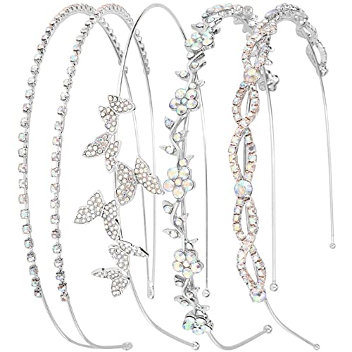 Wecoe 4 Pack AB Rhinestone Headbands Silver Metal Headbands Flower Girl Bridal Wedding Headband Crystal Headpieces Flower Leaf Butterfly Headband Formal Hair Accessories For Women Girls Gifts - color: Silver band & AB rhinestones