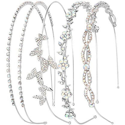 Wecoe 4 Pack AB Rhinestone Headbands Silver Metal Headbands Flower Girl Bridal Wedding Headband Crystal Headpieces Flower Leaf Butterfly Headband Formal Hair Accessories For Women Girls Gifts - color: Silver band & AB rhinestones