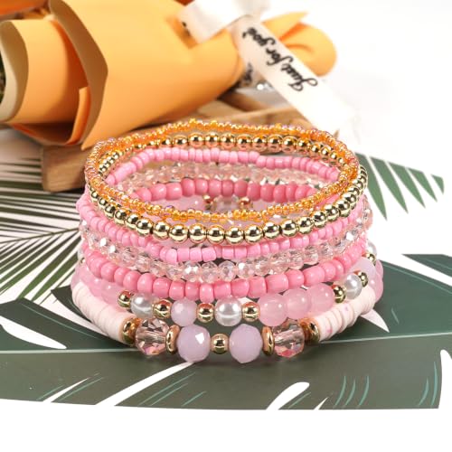 7Pcs Bohemia Multilayer Stackable Crystal Beaded Bracelet Set Multicolor Surfer Heishi Clay Gold Beaded Friendship Stretch Bracelets for Women Men Summer Beach Boho Vacation Jewelry Gifts - color: Z-Pink