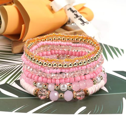 7Pcs Bohemia Multilayer Stackable Crystal Beaded Bracelet Set Multicolor Surfer Heishi Clay Gold Beaded Friendship Stretch Bracelets for Women Men Summer Beach Boho Vacation Jewelry Gifts - color: Z-Pink