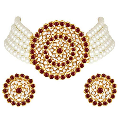 Aheli Pearl Diamond Choker Necklace & Round Earrings Gift for Women Indian Traditional Bollywood Fashion Bharatanatyam jewellery set - color: White & Maroon