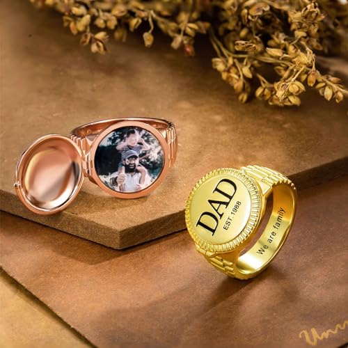 AILIN Custom Picture Rings For Men Personalized Engraved Monogram Initial Number Family Crest Coat of Arms Signet Rings For Father Son Family Memorial Dad Rings Class Graduation Gifts For Papa - style: Round Style