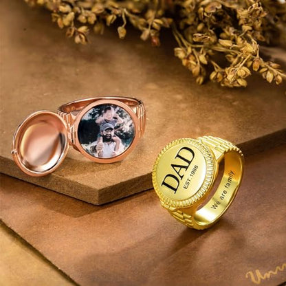 AILIN Custom Picture Rings For Men Personalized Engraved Monogram Initial Number Family Crest Coat of Arms Signet Rings For Father Son Family Memorial Dad Rings Class Graduation Gifts For Papa - style: Round Style