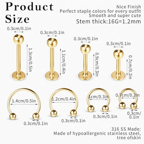 32Pcs Lip Rings for Women 16G Stainless Steel Horseshoe Labret Studs Monroe Lip Barbell Ring Snake Bite Piercing Jewelry Helix Earring Daith Tragus Cartilage Surgical Steel Jewelry - color: Gold