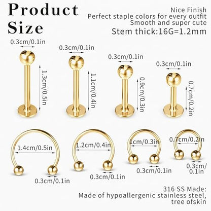 32Pcs Lip Rings for Women 16G Stainless Steel Horseshoe Labret Studs Monroe Lip Barbell Ring Snake Bite Piercing Jewelry Helix Earring Daith Tragus Cartilage Surgical Steel Jewelry - color: Gold