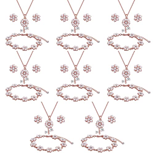 Bridesmaid Jewelry Set for Wedding, 18K Gold or Rose Gold or Silver Plated Flower Pendant with Simulate Pearl Necklace Earring Bracelet Set for Women Gift - color: ROSE GOLD - 8 SETS