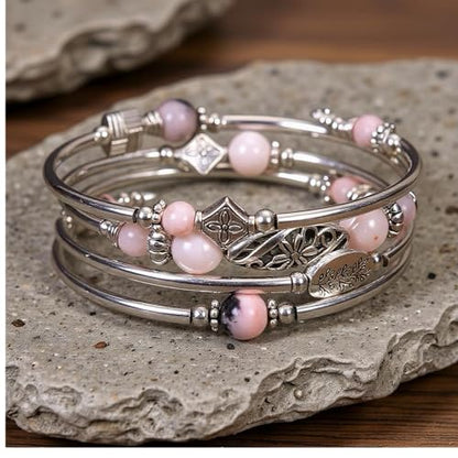 Boho Wrap Beaded Bracelet for Women – Handmade Natural Stone Jewelry – Stainless Steel Adjustable Ethnic Chic Gift - color: Pink Zebra Jasper Stone