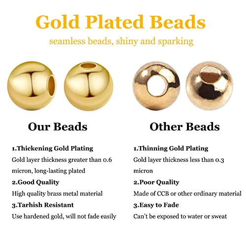 PH PandaHall 14K Gold Plated Spacer Beads, 300pcs Round Brass Beads 5 Size Metal Smooth Beads Seamless Ball Beads Long-lasting Little Beads for Summer Bracelet Necklace Jewelry DIY Crafts(2/3/4/5/6mm) - color: Gold
