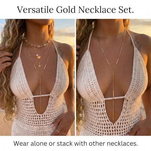 RINHOO Long Lariat Necklace for Women 18K Gold Plated Stainless Steel | Y-Drop Lariat Design, 18K Gold Hypoallergenic, Non-Tarnish V-Neck Layering, Wedding Prom Gift - color: Gold-Bar