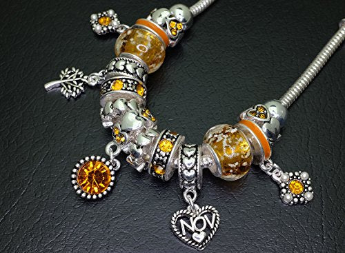 Falari Birthstone Bracelet Multi-Color Charm Beads Silvertone Birthday Gifts for Women - color: 11-November