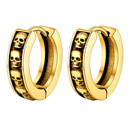 PROSTEEL Stainless Steel Huggie Hoop Earrings for Mens Gold/Black/Silver | Skull/Infinity Pattern, Spike/Cuban Links 4 Design Options Hypoallergenic Lightweight Earring Hip Hop Punk Gothic Jewelry - style: Skull-Gold