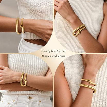 Gold Bangle Bracelets for Women Cuff Stackable Waterproof Non Tarnish Bracelet Stack Silver Plated 14k Chunky Bangles Jewelry Set for Woman - style: Style 10