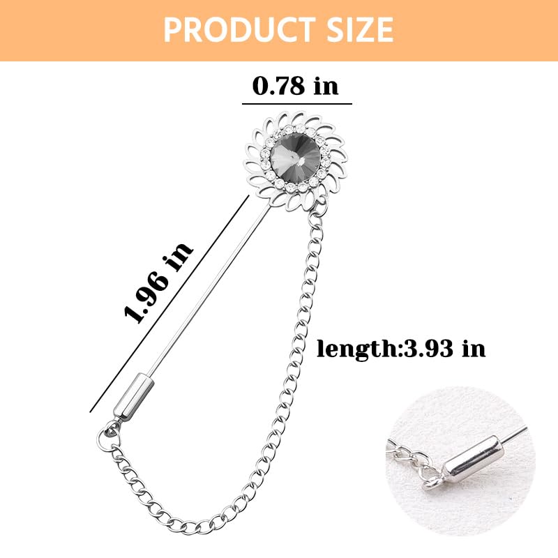 Mens Sunflower Lapel Pin Crystal Rhinestone Brooches for Men Hanging Chain Brooch Suit Pin Flower Lapel Pins for Men Wedding Business Party - color: Grey-J
