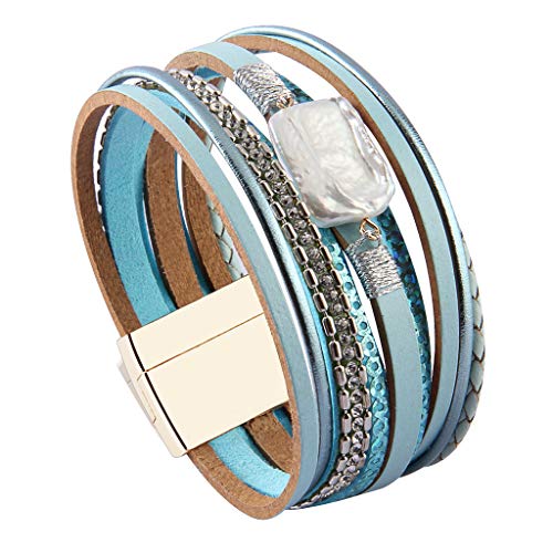 GelConnie Leather Cuff Bracelet Baroque Pearl Wrap Bracelet Gorgeous Gold Tube Bangle Boho Bracelet Bohemian Wristband Jewelry Gift for Women Wife - color: Charm Leather Bracelet-Blue