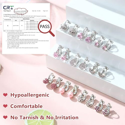 FASACCO 8-10Pairs Clip on Earrings for Women Girls Colorful Crystal Non-Piercied Earrings Cute Flower Heart Butterfly Pearl Clip-on Earrings Over 3 Years Old - style: 10Pairs Pink