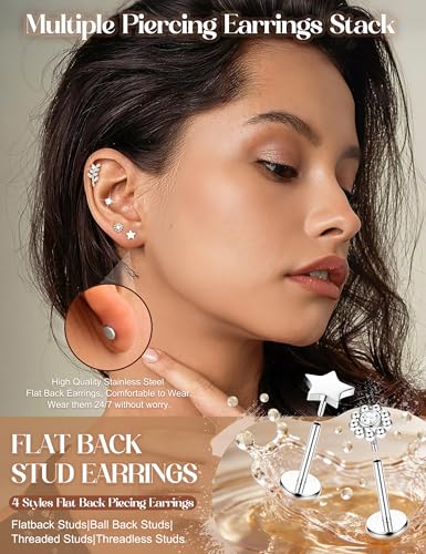 ZELORES Cartilage Earrings for Women Hypoallergenic Surgical Steel Flat Back Stud Earrings Set 18K Gold Plated Push in Nose Studs Screw on Lip Labret Helix Tragus Piercing Jewelry 16G 18G 20G