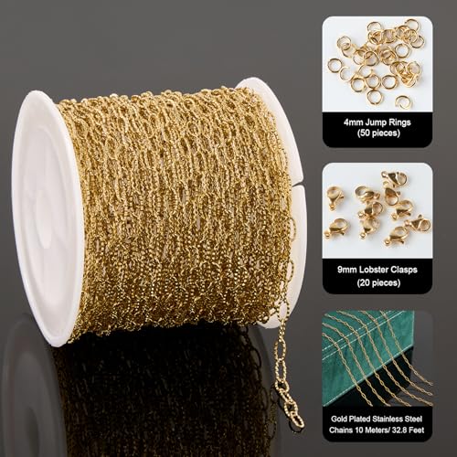 UMAOKANG 32.8 Feet Embossed Paperclip Jewelry Chain Roll Dainty Gold Plated Stainless Steel Chains for Jewelry Making - color: Embossed Paperclip Gold
