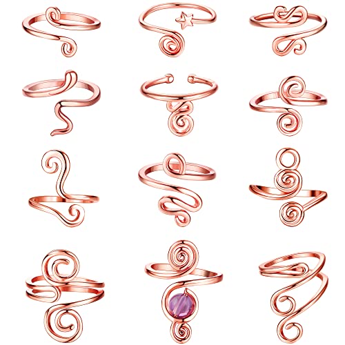 12PCS Adjustable Toe Rings for Women 14K Gold Plated | Open African Toe Rings, Summer Beach Foot Jewelry Set - color: Rose Gold